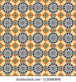Seamless pattern from mandalas painted in beige, orange and gray colors. Vector abstract geometric kaleidoscopic mandala design symbol - symmetric.