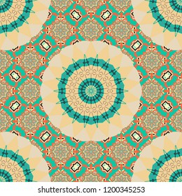 Seamless pattern from mandalas painted in beige, blue and orange colors. Vector abstract geometric kaleidoscopic mandala design symbol - symmetric.