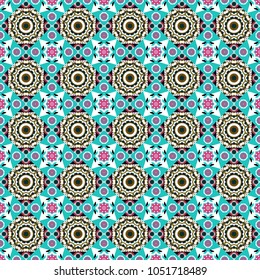 Seamless pattern from mandalas painted in black, white and blue colors. Vector abstract geometric kaleidoscopic mandala design symbol - symmetric.
