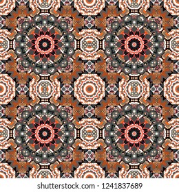 Seamless pattern from mandalas painted in black, gray and white colors. Vector abstract geometric kaleidoscopic mandala design symbol - symmetric.
