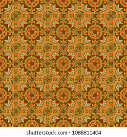 Seamless pattern from mandalas painted in blue, black and green colors. Vector abstract geometric kaleidoscopic mandala design symbol - symmetric.