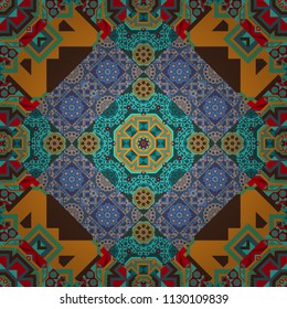 Seamless pattern from mandalas painted in blue, green and orange colors. Vector abstract geometric kaleidoscopic mandala design symbol - symmetric.