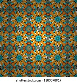 Seamless pattern from mandalas painted in blue, orange and yellow colors. Vector abstract geometric kaleidoscopic mandala design symbol - symmetric.