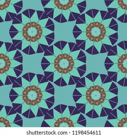 Seamless pattern from mandalas painted in blue, gray and green colors. Vector abstract geometric kaleidoscopic mandala design symbol - symmetric.