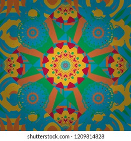 Seamless pattern from mandalas painted in blue, green and red colors. Vector abstract geometric kaleidoscopic mandala design symbol - symmetric.