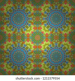 Seamless pattern from mandalas painted in blue, green and orange colors. Vector abstract geometric kaleidoscopic mandala design symbol - symmetric.