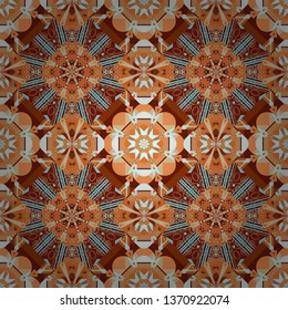 Seamless pattern from mandalas painted in blue, orange and red colors. Vector abstract geometric kaleidoscopic mandala design symbol - symmetric.