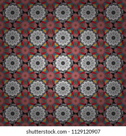 Seamless pattern from mandalas painted in gray, blue and pink colors. Vector abstract geometric kaleidoscopic mandala design symbol - symmetric.