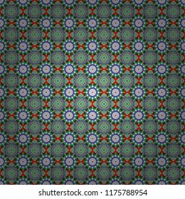 Seamless pattern from mandalas painted in gray, blue and green colors. Vector abstract geometric kaleidoscopic mandala design symbol - symmetric.