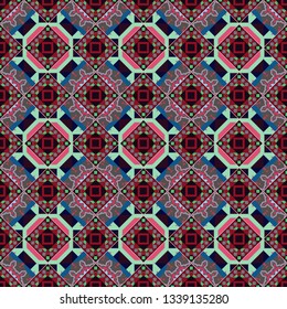 Seamless pattern from mandalas painted in gray, red and blue colors. Vector abstract geometric kaleidoscopic mandala design symbol - symmetric.
