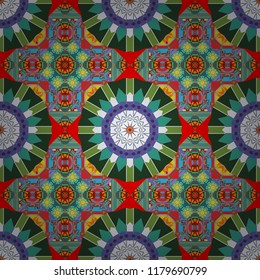 Seamless pattern from mandalas painted in green, gray and blue colors. Vector abstract geometric kaleidoscopic mandala design symbol - symmetric.