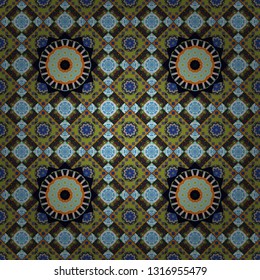 Seamless pattern from mandalas painted in green, blue and gray colors. Vector abstract geometric kaleidoscopic mandala design symbol - symmetric.