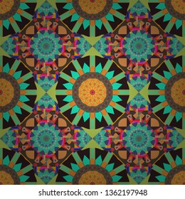 Seamless pattern from mandalas painted in green, brown and blue colors. Vector abstract geometric kaleidoscopic mandala design symbol - symmetric.