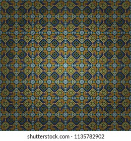 Seamless pattern from mandalas painted in orange, green and blue colors. Vector abstract geometric kaleidoscopic mandala design symbol - symmetric.