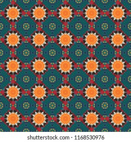 Seamless pattern from mandalas painted in orange, blue and brown colors. Vector abstract geometric kaleidoscopic mandala design symbol - symmetric.
