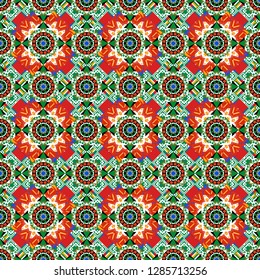 Seamless pattern from mandalas painted in orange, white and green colors. Vector abstract geometric kaleidoscopic mandala design symbol - symmetric.