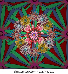 Seamless pattern from mandalas painted in pink, purple and beige colors. Vector abstract geometric kaleidoscopic mandala design symbol - symmetric.