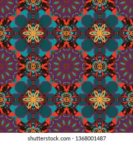 Seamless pattern from mandalas painted in purple, brown and blue colors. Vector abstract geometric kaleidoscopic mandala design symbol - symmetric.