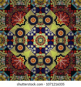 Seamless pattern from mandalas painted in red, blue and orange colors. Vector abstract geometric kaleidoscopic mandala design symbol - symmetric.