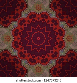 Seamless pattern from mandalas painted in red, brown and beige colors. Vector abstract geometric kaleidoscopic mandala design symbol - symmetric.