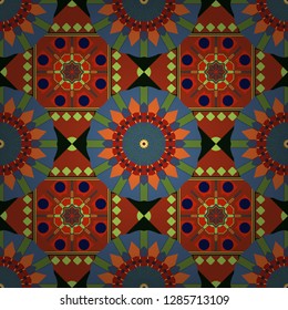 Seamless pattern from mandalas painted in red, orange and blue colors. Vector abstract geometric kaleidoscopic mandala design symbol - symmetric.