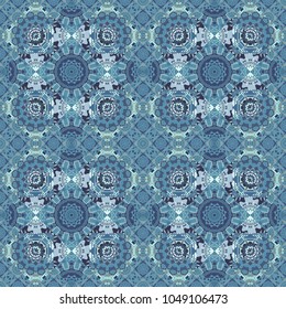 Seamless pattern from mandalas painted in violet, blue and gray colors. Vector abstract geometric kaleidoscopic mandala design symbol - symmetric.