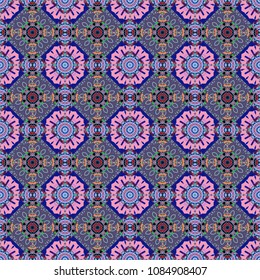 Seamless pattern from mandalas painted in violet, blue and pink colors. Vector abstract geometric kaleidoscopic mandala design symbol - symmetric.