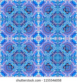 Seamless pattern from mandalas painted in violet, purple and blue colors. Vector abstract geometric kaleidoscopic mandala design symbol - symmetric.