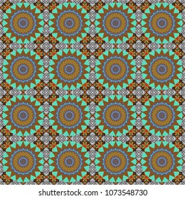 Seamless pattern from mandalas painted in yellow, brown and beige colors. Vector abstract geometric kaleidoscopic mandala design symbol - symmetric.