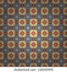 Seamless pattern from mandalas painted in yellow, gray and beige colors. Vector abstract geometric kaleidoscopic mandala design symbol - symmetric.