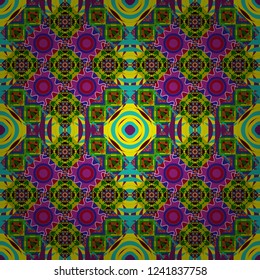 Seamless pattern from mandalas painted in yellow, blue and green colors. Vector abstract geometric kaleidoscopic mandala design symbol - symmetric.