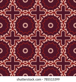 Seamless pattern with mandalas in red, brown and beige colors. Cute vector background. Print for fabric and paper.