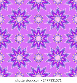 Seamless pattern with mandalas with stars on a purple background. Asian, Indian style. For fabric design, wallpaper, backgrounds, prints, posters, scrapbooking, wrapping paper, etc. Vector