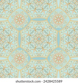 Nahtloses Muster mit Mandalas. Vektor hellblauer Hintergrund mit einer goldenen Kontur. Vorlage für Textil, Teppich, Teppich, Tapete.