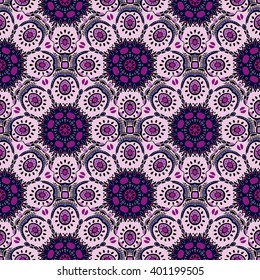 Seamless pattern with Mandalas. Vector ornaments in lavender colors, round decorative elements for your design
