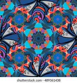 Seamless pattern with Mandalas. Vector ornaments, background. Pink, blue, white.