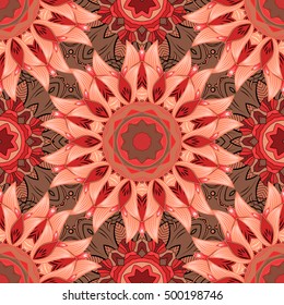 Seamless pattern with Mandalas. Vector ornaments, background. Pink. Red.