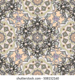 Seamless pattern with Mandalas. Vector ornaments, background. Brown. Beige. White. Gray.