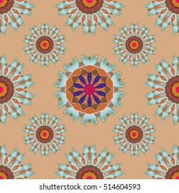 Seamless pattern with Mandalas. Vector ornaments, background. Beige, brown, orange, blue. Dim.