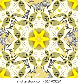 Seamless pattern with Mandalas. Vector ornaments, background. White, yellow.