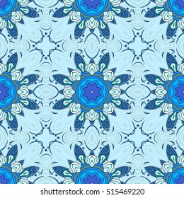 Seamless pattern with Mandalas. Vector ornaments, blue background