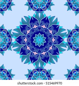 Seamless pattern with Mandalas. Vector ornaments, blue background