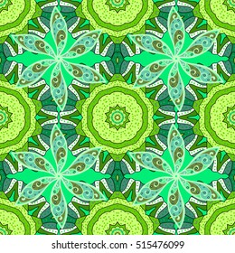 Seamless pattern with Mandalas. Vector ornaments, green background