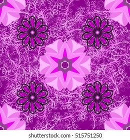 Seamless pattern with Mandalas. Vector ornaments, lilac background. Lilac, pink.