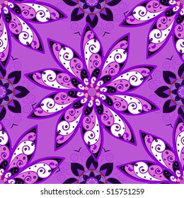 Seamless pattern with Mandalas. Vector ornaments, lilac background. Lilac, white.