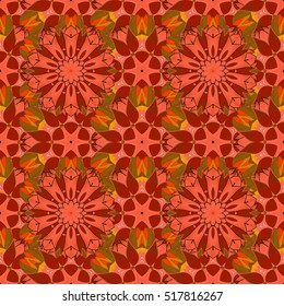 Seamless pattern with Mandalas. Vector ornaments, background. Pink. Red. Beige.