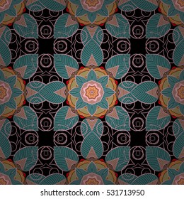 Seamless pattern with Mandalas. Vector ornaments, black background, blue, orange. Dim.