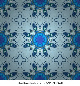 Seamless pattern with Mandalas. Vector ornaments, blue background