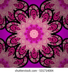 Seamless pattern with Mandalas. Vector ornaments, background. Pink, lilac. Petals flower.