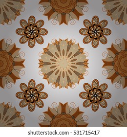 Seamless pattern with Mandalas. Vector ornaments, white background. Beige, brown.